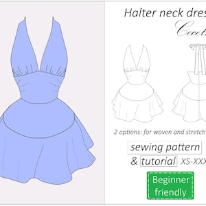 May include: A sewing pattern and tutorial for a halter neck dress called "Cecelia". The pattern includes two options: one for woven fabrics and one for stretch fabrics. The dress is shown in a light blue colour and has a fitted bodice and a full skirt with a ruffle at the hem. The pattern is available in sizes XS-XXXL and is beginner friendly.