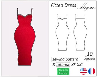 Bodycon dress pattern Megan, sweetheart neckline dress sewing pattern PDF stretchy fitted dress mini midi maxi - download, sizes XS - XXL