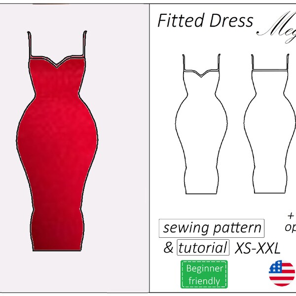 Bodycon dress pattern Megan, sweetheart neckline dress sewing pattern PDF stretchy fitted dress mini midi maxi - download, sizes XS - XXL