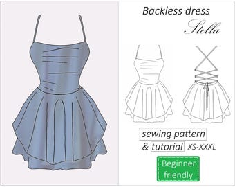 Backless dress pattern Stella, open back corset dress sewing pattern halter neck, mini summer dress pattern for women - PDF download XS XXXL