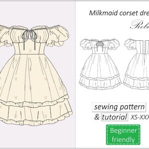 コルセットドレスのパターン レベッカ、ミルクメイドドレスの縫製パターン PDF、女性用ティアードフリルサマードレスのパターン - 即時ダウンロード、XS - XXXL
