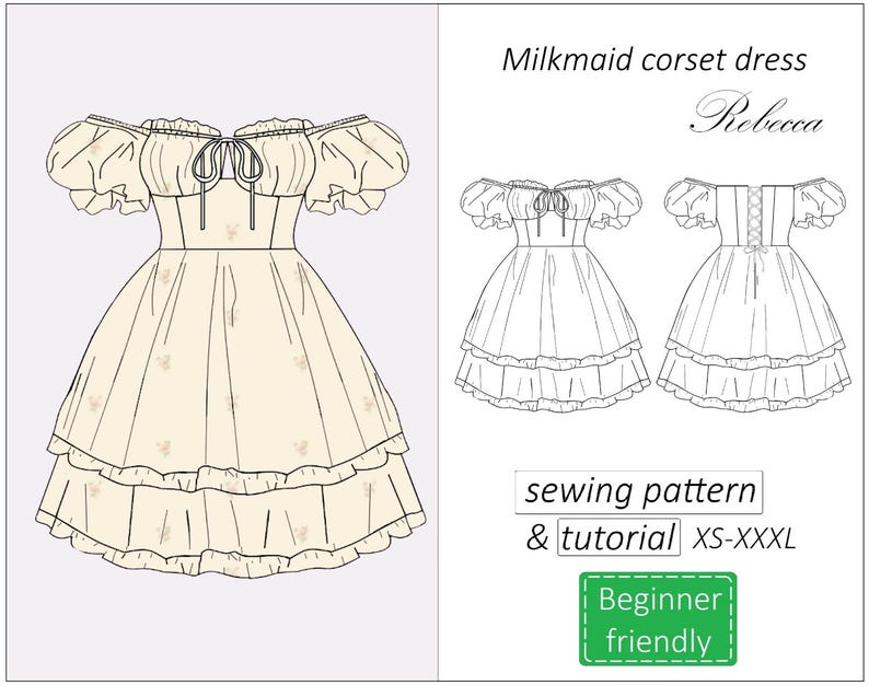 May include: A line drawing of a milkmaid corset dress sewing pattern with a ruffled skirt and off-the-shoulder sleeves. The pattern is available in sizes XS-XXXL and is beginner friendly. The text "Milkmaid corset dress Rebecca" is at the top of the image. The text "sewing pattern & tutorial XS-XXXL" is below the image. The text "Beginner friendly" is in a green box below the text.