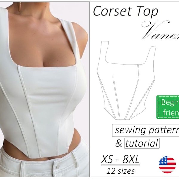 Patrón top corsé Vanessa, PDF patrón corsé, patrón de costura crop top bustier - descarga instantánea, tallas XS - 8XL (inglés, francés)