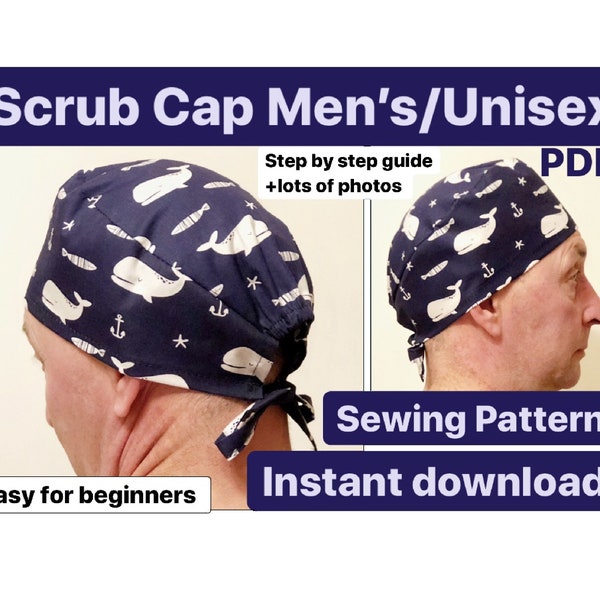 Scrub cap pattern unisex, scrub hat sewing pattern PDF for men, scrub caps for women surgical cap nurse medical instant download