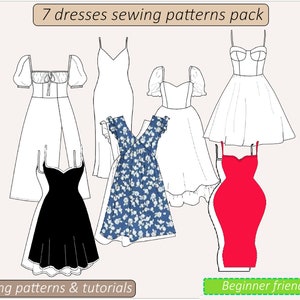 7 dress patterns, milkmaid dress sewing pattern PDF, bustier dress pattern puff sleeves dress, women sewing patterns, instant download