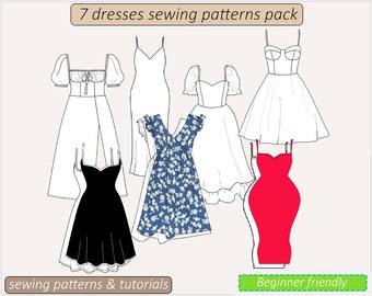 7 dress patterns, milkmaid dress sewing pattern PDF, bustier dress pattern puff sleeves dress, women sewing patterns, instant download