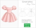 Corset dress pattern Fairy Dust, puff sleeve heart neckline dress sewing pattern, mini dress pattern for women - PDF download, XS - XXXL