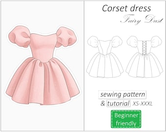 Corset dress pattern Fairy Dust, puff sleeve heart neckline dress sewing pattern, mini dress pattern for women - PDF download, XS - XXXL