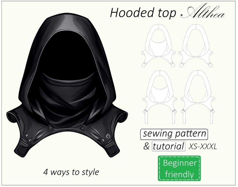 May include: A black hooded top illustration with the text "Hooded top Althea". The image includes a sewing pattern and tutorial for sizes XS-XXXL. The text "Beginner friendly" is also included.