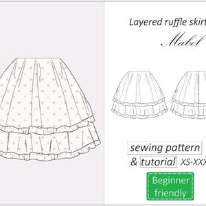 May include: A diagram of a layered ruffle skirt pattern, labeled "Mabel." The skirt design features a two-tiered ruffle and a dotted pattern. The image includes the text "sewing pattern & tutorial XS-XXXL" and "Beginner friendly."