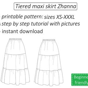 May include: Line drawing of a tiered maxi skirt pattern, labelled "Tiered maxi skirt Zhanna". The pattern is available in sizes XS-XXXL and includes a step-by-step tutorial with pictures. The listing also includes the text "printable pattern", "instant download", and "Beginner friendly".