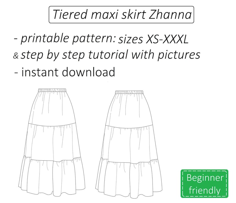May include: Line drawing of a tiered maxi skirt pattern, labelled "Tiered maxi skirt Zhanna". The pattern is available in sizes XS-XXXL and includes a step-by-step tutorial with pictures. The listing also includes the text "printable pattern", "instant download", and "Beginner friendly".