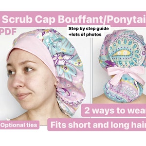 スクラブキャップのパターン ポニーテール または ふわふわ、スクラブ帽子の縫製パターン PDF ロングヘア用スクラブキャップ 女性用キャップ 医療用 即時ダウンロード
