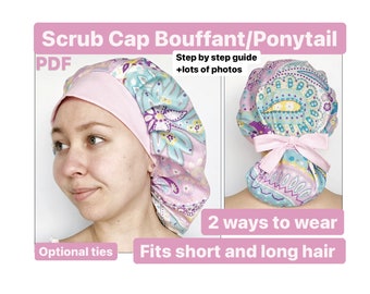 Scrub cap pattern ponytail ot bouffant, scrub hat sewing pattern PDF for long hair scrub caps for women cap medical instant download