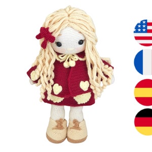 Crochet doll pattern Ellie with Red Velvet outfit fo her amigurumi doll pattern PDF (English, Français, Espanol, Deutsch)