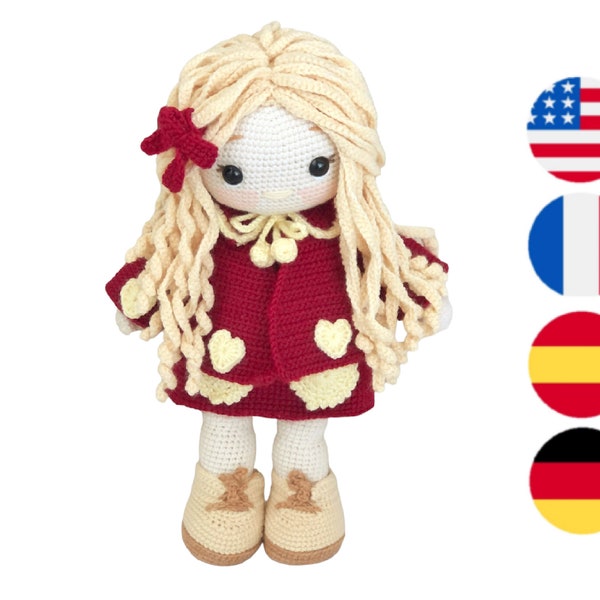 Crochet doll pattern Ellie with Red Velvet outfit fo her amigurumi doll pattern PDF (English, Français, Espanol, Deutsch)