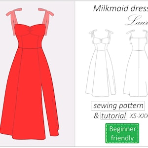 Milkmaid dress pattern Lauren, shoulder tie dress sewing pattern PDF sundress, summer dress pattern for women - instant download, XS - XXXL