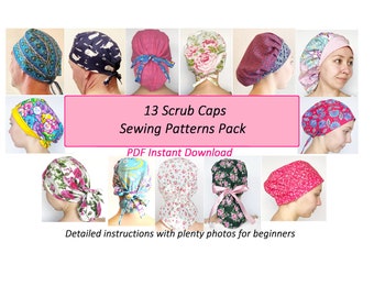 Scrub cap pattern pack, scrub hat sewing pattern scrub cap ponytail PDF scrub caps for women surgical cap nurse medical instant download