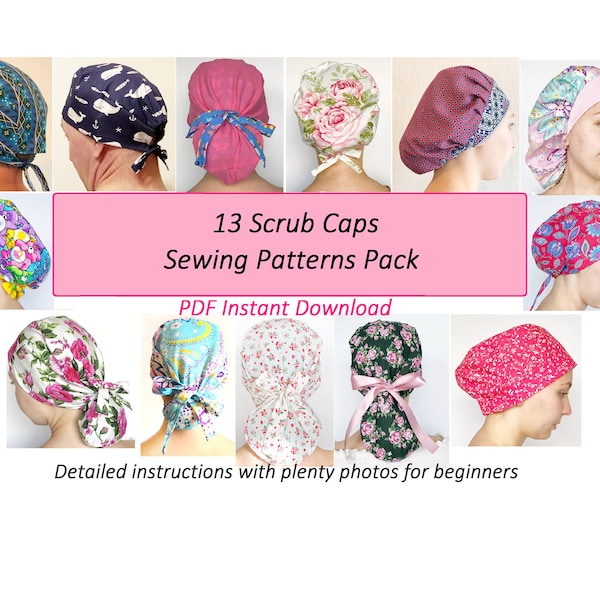 Scrub cap pattern pack, scrub hat sewing pattern scrub cap ponytail PDF scrub caps for women surgical cap nurse medical instant download