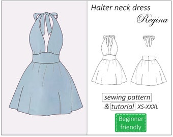 Patrón de vestido halter Regina, patrón de costura de vestido con cuello halter en PDF, patrón de vestido de verano para mujer - descarga instantánea, tallas XS - XXXL