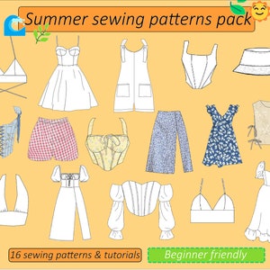 May include: A set of 16 sewing patterns for summer clothing, including dresses, tops, shorts, pants, and a hat. The patterns are beginner friendly and include tutorials. "Summer sewing patterns pack" and "16 sewing patterns & tutorials" are written on the image.