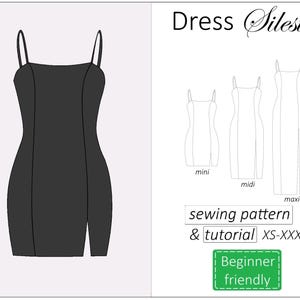 Peut inclure: Une robe noire sans manches avec une fente à l'avant. La robe est présentée en trois longueurs : mini, midi et maxi. L'image comprend le texte "Dress Silesta", "sewing pattern & tutorial XS-XXXL", et "Beginner friendly".