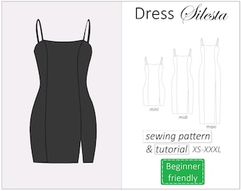 Dress pattern Silesta, bodycon dress sewing pattern PDF, jersey cami dress pattern for women mini dress - instant download, sizes XS -XXXL