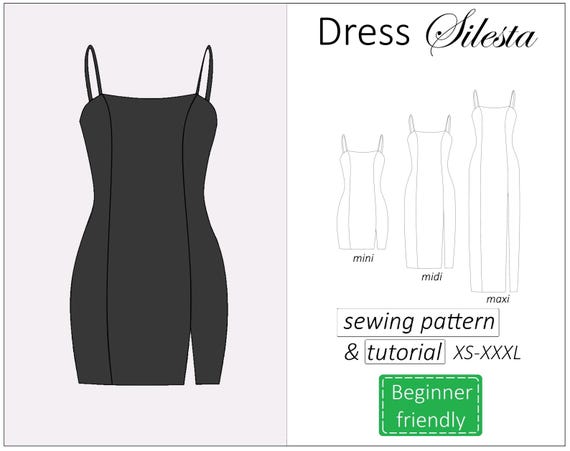 Dress pattern Silesta, bodycon dress sewing pattern PDF, jersey cami dress pattern for women mini dress - instant download, sizes XS -XXXL