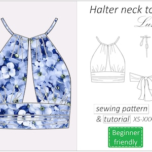 Top pattern Luna, backless halter neck top sewing pattern PDF, y2k open back summer bra top pattern for women - instant download, XS -XXXL