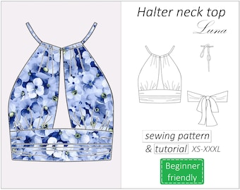 Top pattern Luna, backless halter neck top sewing pattern PDF, y2k open back summer bra top pattern for women - instant download, XS -XXXL