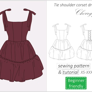 Corset dress pattern Cherry Pie, ruffle graduation prom dress sewing pattern PDF, mini tie shoulder dress pattern for women instant download