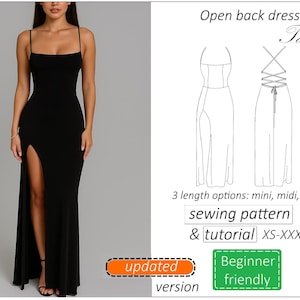 ドレスパターン タニア、オープンバック ホルターネック ドレス 縫製パターン、バックレス マキシドレス ガウン パターン レディース バックレース - PDF ダウンロード、XS-XXXL