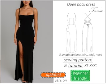 Dress pattern Tania, open back halter neck dress sewing pattern, backless maxi dress gown pattern women back lacing - PDF download, XS- XXXL