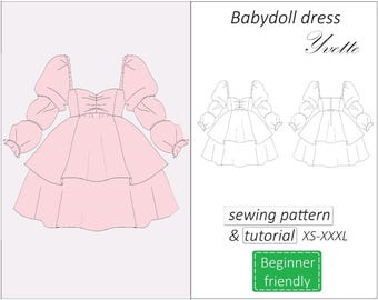 Babydoll dress pattern Yvette, puff sleeve dress sewing pattern PDF, sweetheart summer dress pattern for women - instant download, XS - XXXL