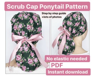Scrub cap pattern ponytail without elastic, scrub hat sewing pattern PDF scrub caps for women surgical cap nurse medical instant download