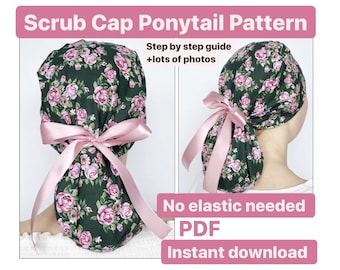 May include: A printable PDF pattern for a scrub cap with a ponytail opening. The cap is green with a pink floral print and a pink ribbon. The text "Scrub Cap Ponytail Pattern", "Step by step guide +lots of photos", "No elastic needed", "PDF", and "Instant download" is visible on the image.