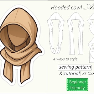 Peut inclure: Illustration d'un capuchon-cagoule beige avec une écharpe assortie. L'image comprend des schémas montrant quatre façons de styliser le capuchon. Le texte indique "Hooded cowl Ava", "sewing pattern & tutorial XS-XXXL" et "Beginner friendly".