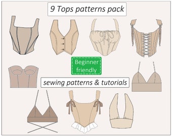 Set di 9 modelli di top, modello di top corsetto, modello di corsetto alla moda PDF pizzo anteriore, modello di cucito di top corto bustier milkmaid - download immediato