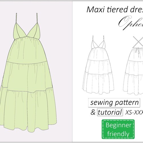 Open back dress pattern Ophelia, maxi tiered dress sewing pattern PDF, backless summer dress pattern for women - instant download, XS - XXXL