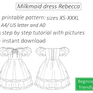 May include: Line drawing pattern for a milkmaid dress with a ruffled skirt and puffed sleeves. The pattern is available in sizes XS-XXXL and includes a step-by-step tutorial with pictures. The pattern is printable in A4, US letter, and A0 sizes.  Beginner friendly.