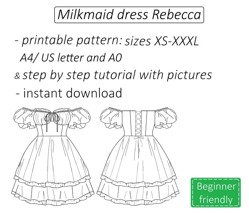 May include: Line drawing pattern for a milkmaid dress with a ruffled skirt and puffed sleeves. The pattern is available in sizes XS-XXXL and includes a step-by-step tutorial with pictures. The pattern is printable in A4, US letter, and A0 sizes.  Beginner friendly.