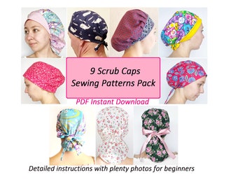 Scrub cap pattern pack, scrub hat sewing pattern scrub cap ponytail PDF scrub caps for women surgical cap nurse medical instant download