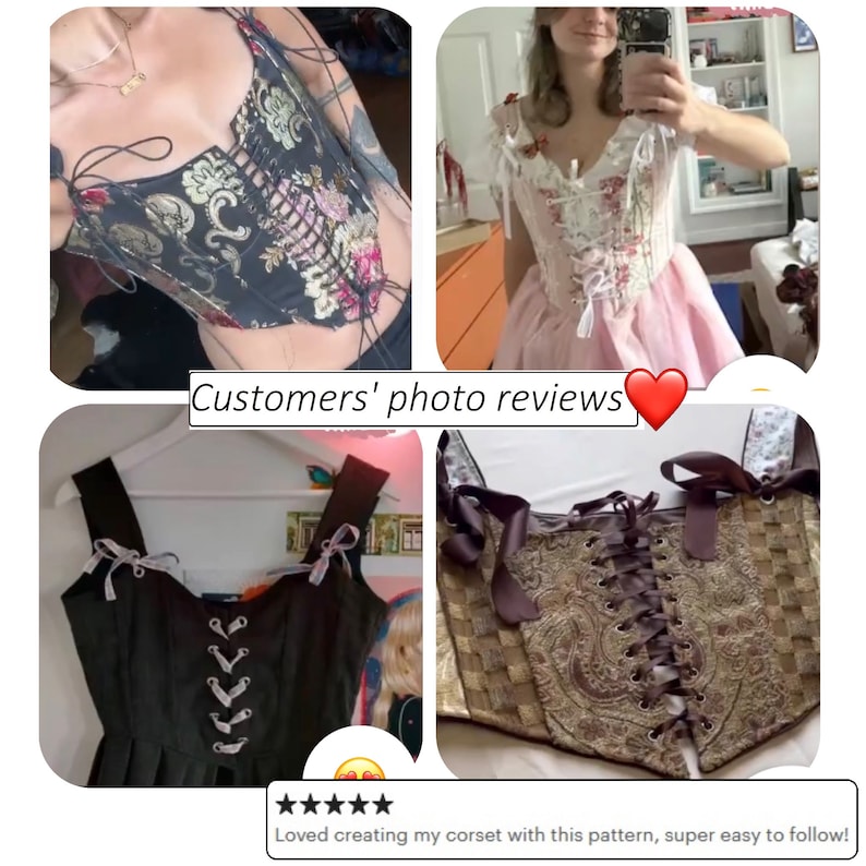 May include: Three different corset patterns with lace-up fronts. The first corset is black with floral embroidery, the second is white with floral embroidery, and the third is brown with a paisley pattern. The caption reads "Customers' photo reviews" and "Loved creating my corset with this pattern, super easy to follow!"