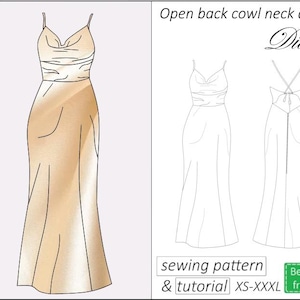 Open back dress pattern Diana, cowl neck prom dress sewing pattern PDF, maxi wedding dress gown pattern for women instant download, XS -XXXL