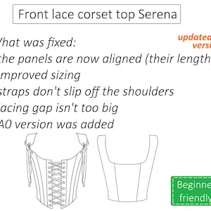 May include: Line drawing of a lace-up corset top with straps. The image shows two versions of the top, one with the lacing and one without. The text "Front lace corset top Serena" and "updated version" are visible in the image. The text "Beginner friendly" is also visible in the image.