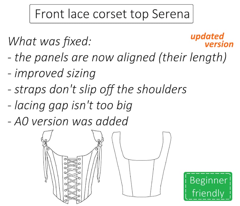 May include: Line drawing of a lace-up corset top with straps. The image shows two versions of the top, one with the lacing and one without. The text "Front lace corset top Serena" and "updated version" are visible in the image. The text "Beginner friendly" is also visible in the image.