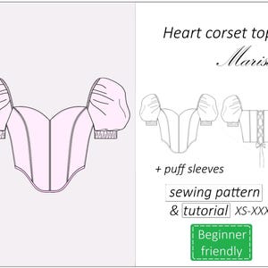 Corset top pattern Marisol, sweetheart corset pattern PDF with puff sleeves, crop top bustier sewing pattern - instant download, XS - XXXL