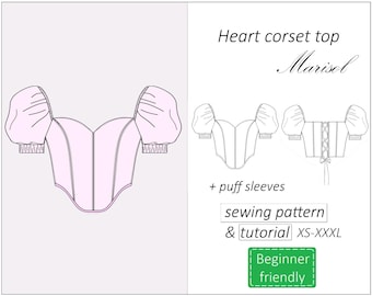 Modello top corsetto Marisol, modello PDF corsetto a cuore con maniche a sbuffo, modello di cucito bustier crop top - download immediato, XS - XXXL