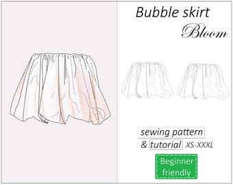 Bubble Rock Schnittmuster Bloom, Ballon-Rock Schnittmuster PDF, Minirock Schnittmuster für Frauen - Sofort-Download, Größen XS - XXXL
