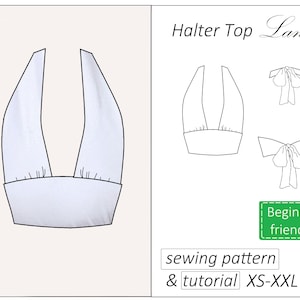 Halter top pattern Lana, crop top pattern PDF, halter neck top sewing pattern - instant download, sizes XS - XXL